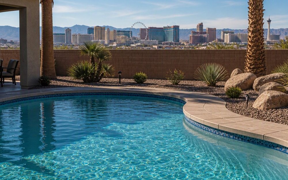 Clean backyard pool with the Las Vegas skyline in the distance