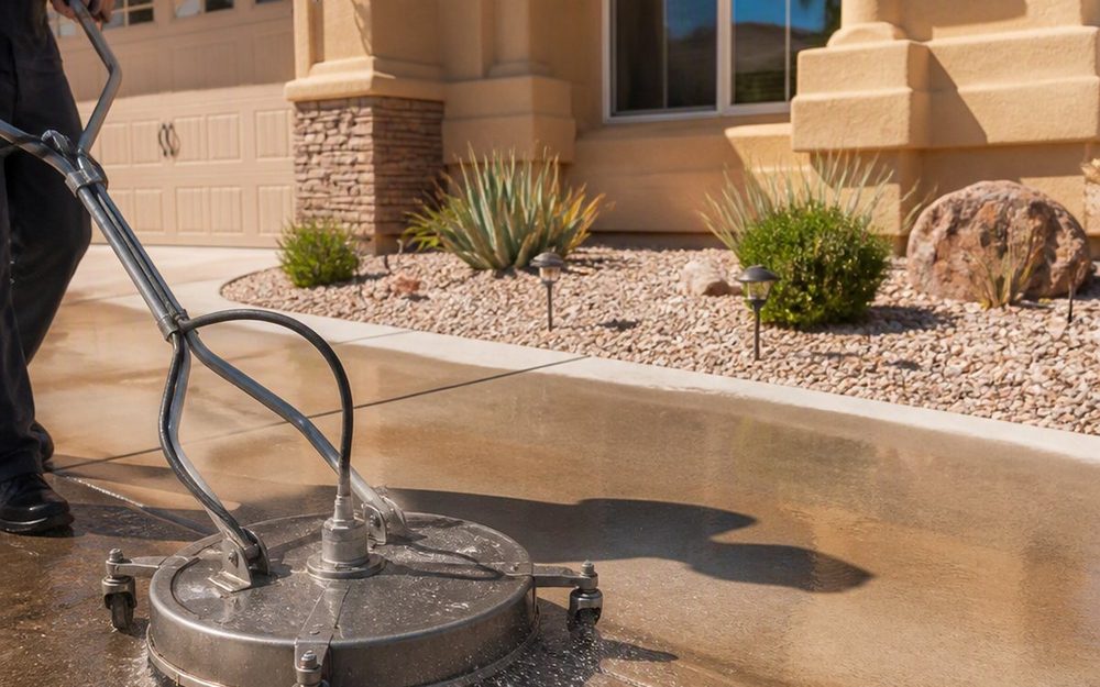 Surface cleaner washing a driveway in front of a Las Vegas stucco home